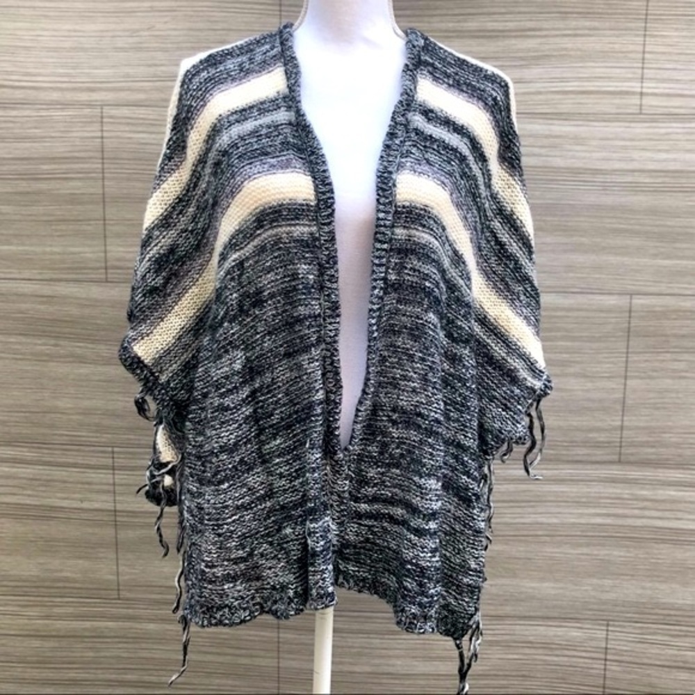 Eyeshadow Knit Cardigan XL Striped Fringe Open Front Poncho Black White Grey